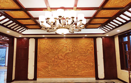 芗城中式别墅客厅中式木作横梁吊顶装饰展示